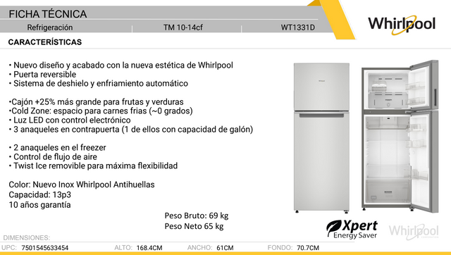 Refrigerador Whirlpool 13 pies cúbicos Top Mount 2 puertas Gris