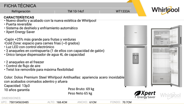 Refrigerador Whirlpool 13 pies cúbicos Top Mount 2 puertas Gris - sin inventario