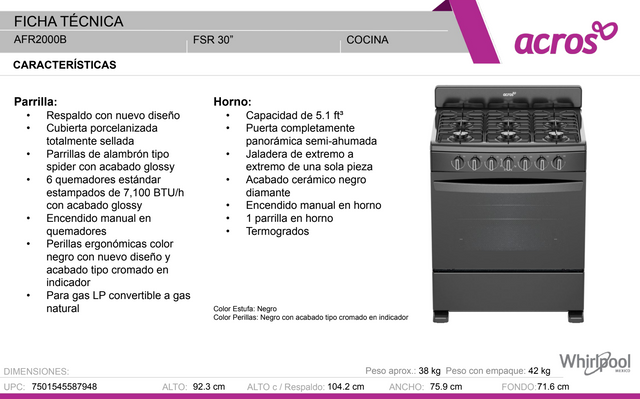 Estufa de Gas Acros Afr2000b Negra de 30"