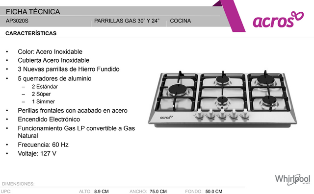 Parrilla Gas Acros 30" AP3020S Gris acero Acros AP3020S