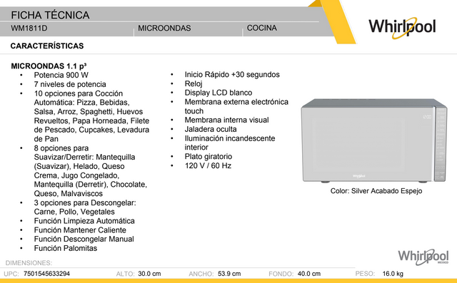 Horno de microondas Whirlpool 1.1 pies cúbicos (ft3) / 30 L Gris