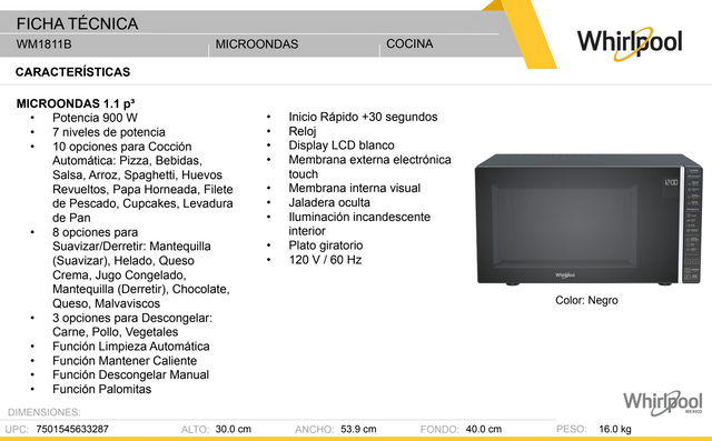 Horno de microondas Whirlpool 1.1 pies cúbicos / 30 L Negro