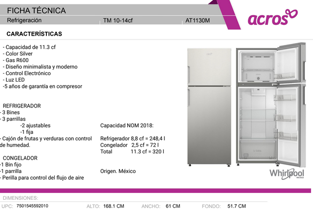Refrigerador Acros 11 pies cúbicos Top Mount 2 puertas Gris