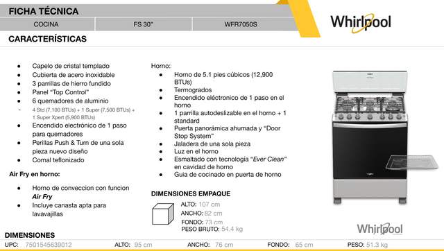 Estufa Whirlpool de Piso 30 Pulgadas con 6 Quemadores de Gas WFR7050S Función Freidora de Aire