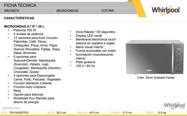 Horno de microondas Whirlpool 0.7 pies cúbicos (ft3) / 20 L Gris