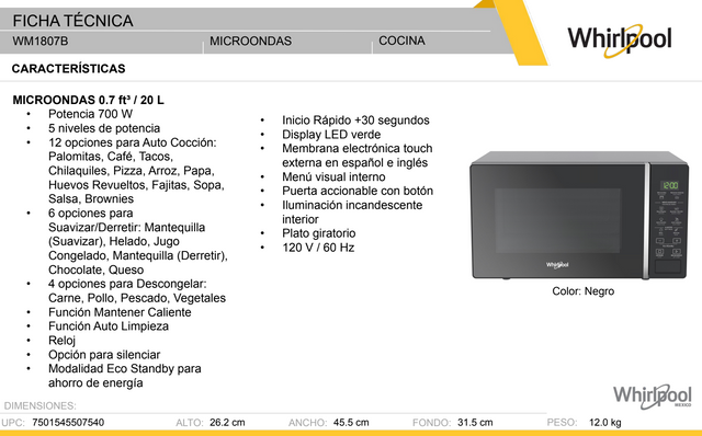 Horno de microondas Whirlpool 0.7 pies cúbicos / 20 L Negro
