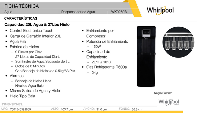 Despachador de agua con fábrica de hielo Negro - Sin inventario