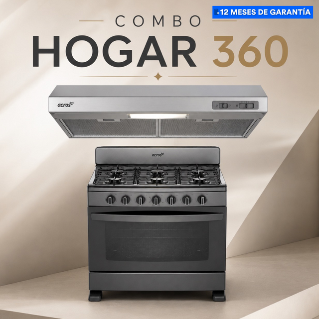 Combo HOGAR 360 Estufa al piso con puerta panorámica 30" + Campana empotrable Gris