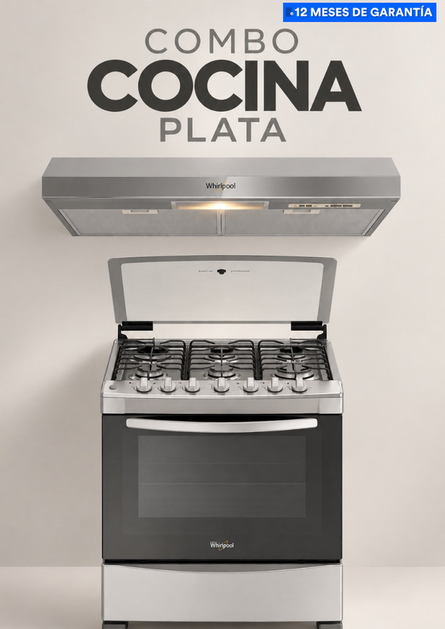 Combo Cocina Plata - Estufa Whirlpool 6 quemadores + Campana 76 cm 3 velocidades