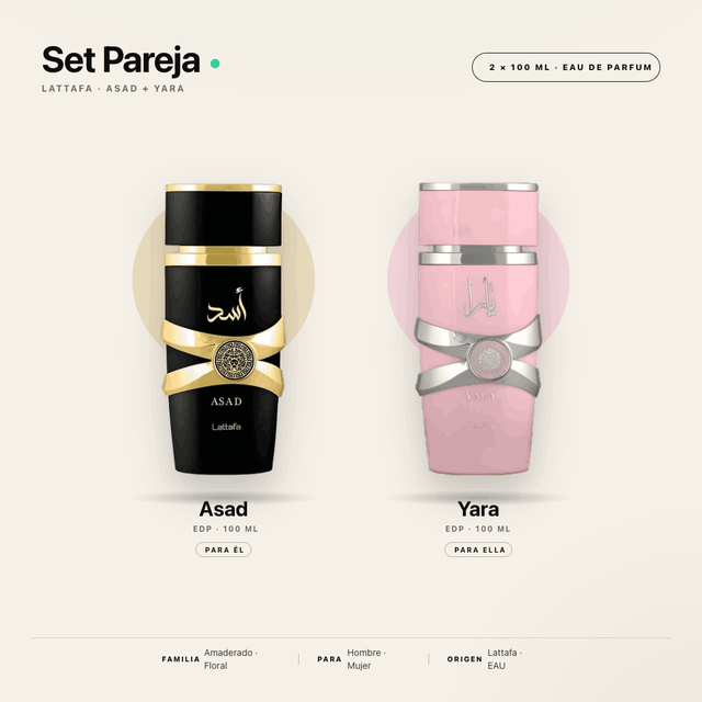 COMBO PAREJA YARA EDT 100 ML + ASAD EDT 100 ML DE LATTAFA