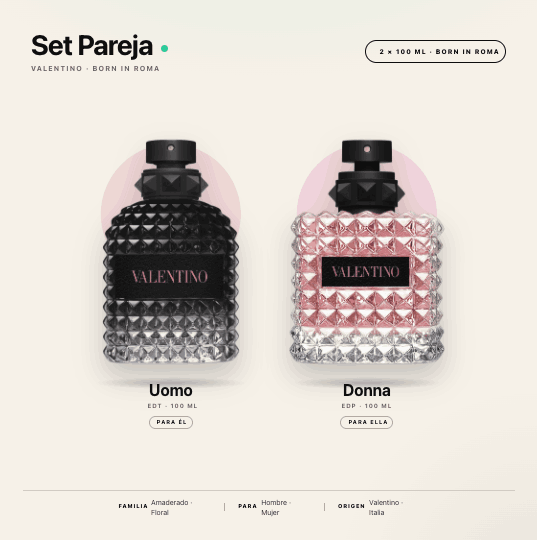 COMBO PAREJA VALENTINO UOMO BORN IN ROME EDT 100 ML y DONNA BORN IN ROME EDP 100 ML