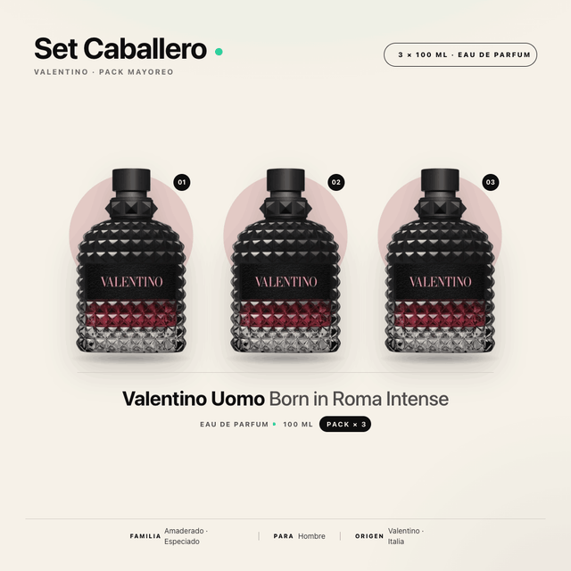 COMBO 3 PIEZAS VALENTINO UOMO BORN IN ROMA INTENSE EDP 100 ML