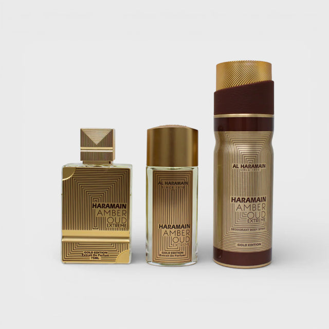 SET AL HARAMAIN AMBER OUD GOLD EDITION EXTREME EXTRAIT DE PERFUME DE 75 ML + EXTRAIT DE PERFUME DE 30 ML + BODY DE 200 ML 3 PC