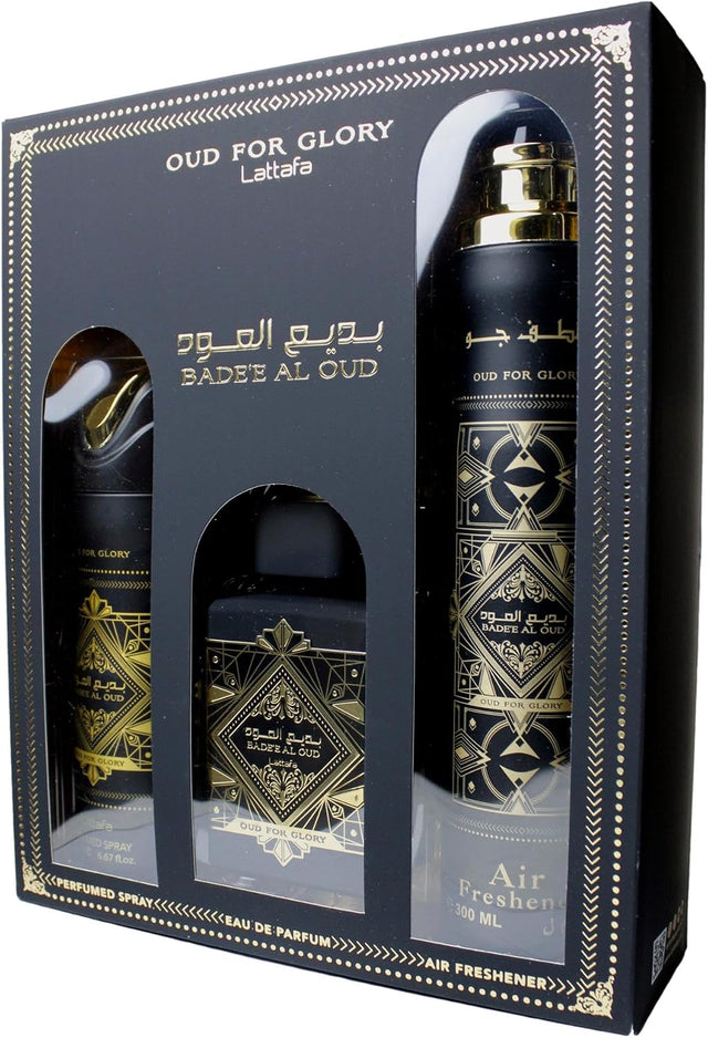 SET LATTAFA BADE´E AL OUD OUD FOR GLORY EDP 100 ML + ROCIO BODY MIST 200 ML + ROCIO BODY MIST 300 ML
