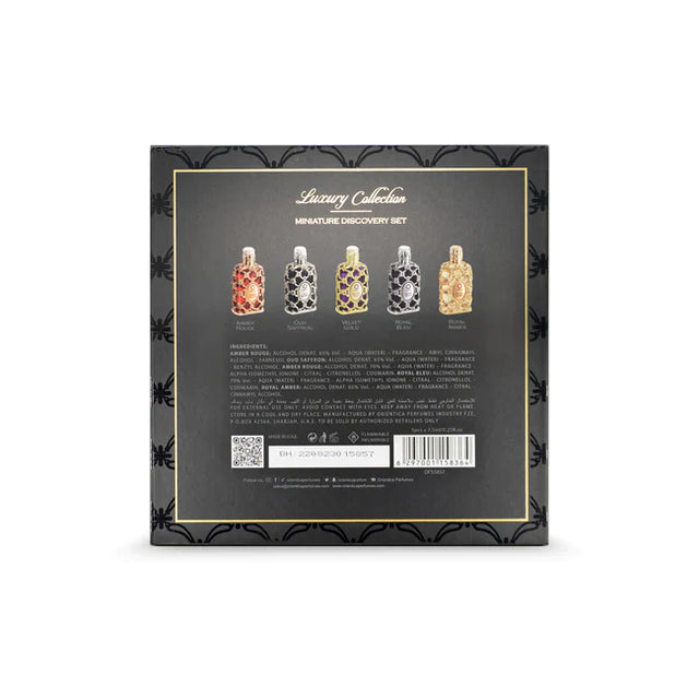 MINI SET 5 PIEZAS EDP DE 7.5 ML ORIENTICA LUXURY COLLECTION V2 - AMBER ROUGE + OUD DAFFRON + VELVET GOLD + ROYAL BLEU + ROYAL AMBER