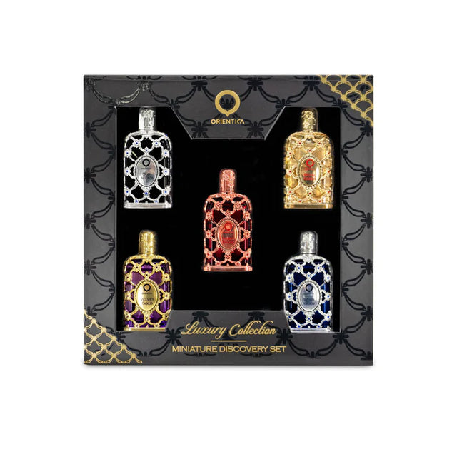 MINI SET 5 PIEZAS EDP DE 7.5 ML ORIENTICA LUXURY COLLECTION V2 - AMBER ROUGE + OUD DAFFRON + VELVET GOLD + ROYAL BLEU + ROYAL AMBER