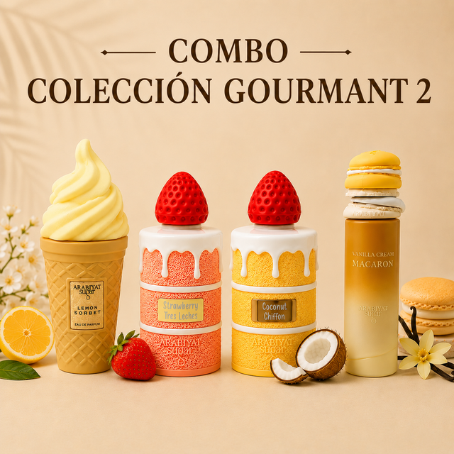 COMBO COLECCIÓN POSTRES ELLA 4 EDP DE 100 ML - ARABIYAT SUGAR LEMON SORBET + SUGAR STRAWBERRY TRES LECHES + SUGAR COCONUT CHIFFON + SUGAR VANILLA CREAM MACARON