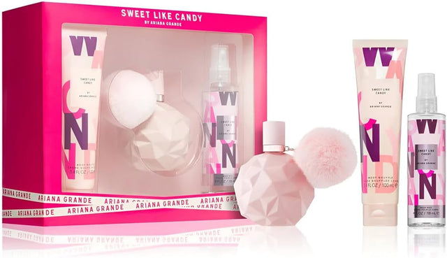 ARIANA GRANDE SWEET LIKE CANDY BL BM AGUA DE PERFUME DE 100 ML CREMA CORPORAL DE 100 ML ROCIO BODY MIST DE 118 ML 3 PC