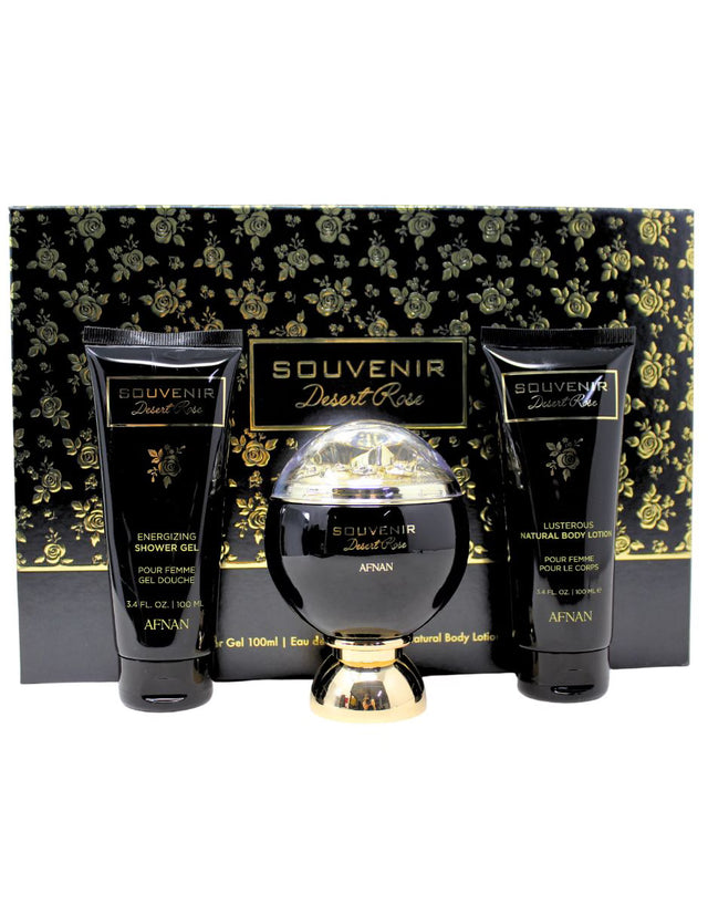 AFNAN SOUVENIR DESERT ROSE AGUA DE PERFUME DE 100 ML CREMA CORPORAL DE 100 ML GEL SHAMPOO DE BAÑO DE 100 ML 3 PC