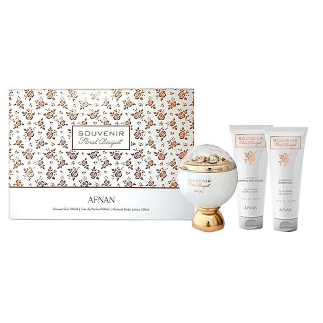 SET AFNAN SOUVENIR FLORAL BOUQUET EDP 100 ML + CREMA CORPORAL 100 ML + GEL SHAMPOO DE BAÑO DE 100 ML 3 PC