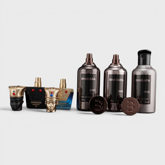 SET BHARARA KING EDP 100 ML + PERFUME DE 15 ML + PERFUME DE 15 ML + CREMA CORPORAL DE 200 ML + CREMA LOCION DESPUES DE AFEITAR DE 100 ML 5 PC