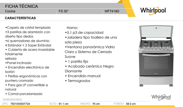 Estufa Whirlpool de Gas De Piso 30 pulgadas (IN) 6 quemadores Gris - sin inventario