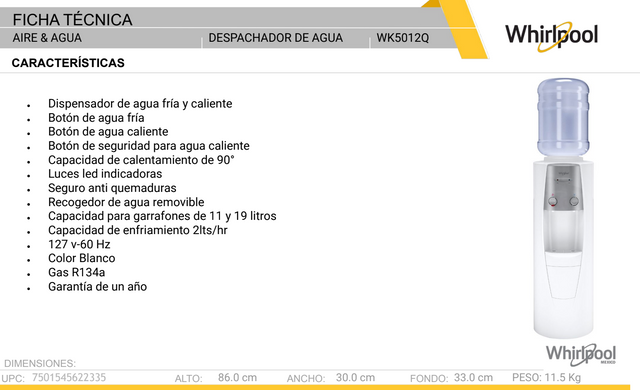 Despachador de Agua con Opcion de Agua Fria o Caliente Blanco WK5012Q