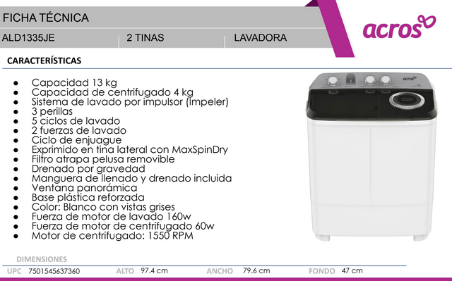 Lavadora Acros Semiautomática de Dos tinas de 13 kg MaxSpin Dry Blanca