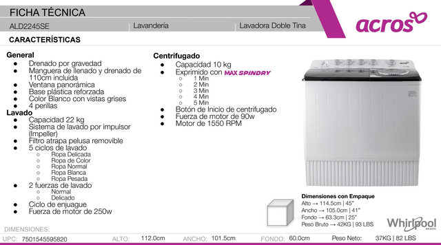 Lavadora 22kg Dos tinas Semiautomática MaxSpin Dry Blanca