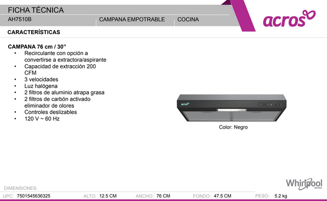 ACR Campana Empotrable 76 CM Color Negro