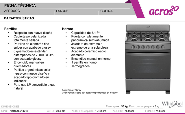 ACR Estufa al Piso a Gas Acros 30" Tittanio