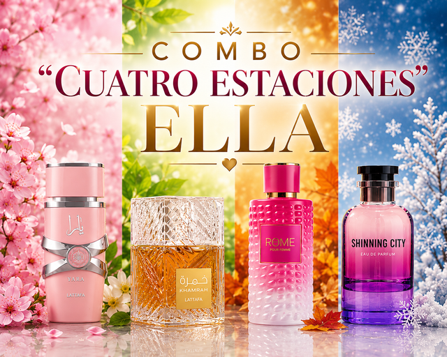 COMBO 4 ESTACIONES ELLA - KHAMRAH EDP 100 ML + YARA EDP 100 ML + SHINNING CITY EDP 100 ML + MAST PERFUME ROME EDP 100 ML