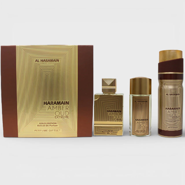 SET AL HARAMAIN AMBER OUD GOLD EDITION EXTREME EXTRAIT DE PERFUME DE 75 ML +  EXTRAIT DE PERFUME DE 30 ML + BODY DE 200 ML 3 PC