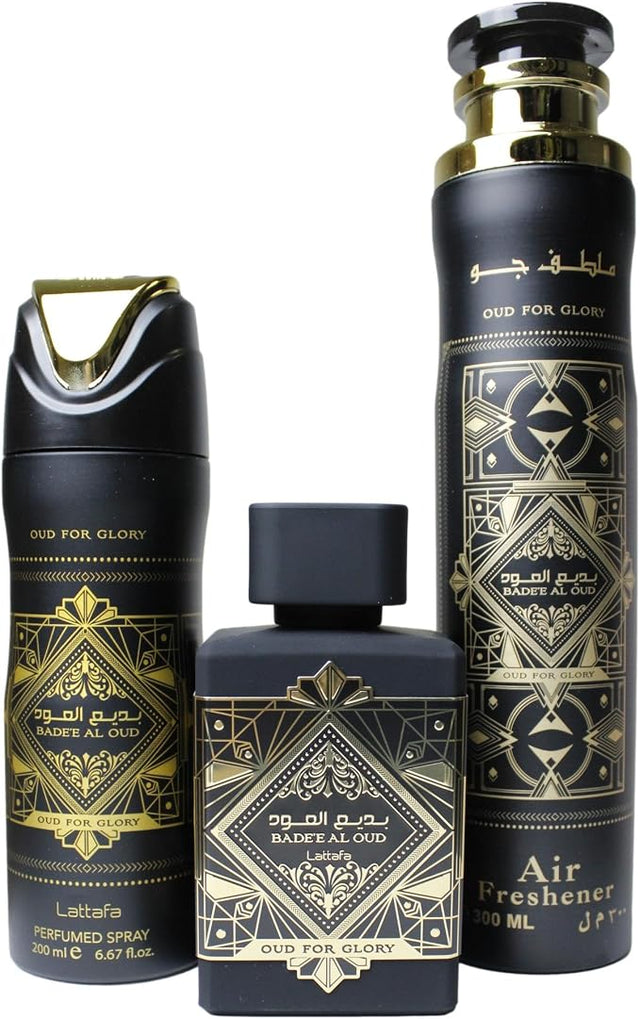 SET LATTAFA BADE´E AL OUD OUD FOR GLORY EDP 100 ML + ROCIO BODY MIST 200 ML + ROCIO BODY MIST 300 ML