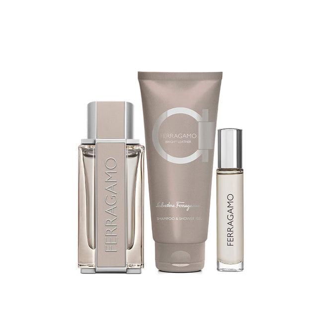 SET FERRAGAMO BRIGHT LEATHER EDT 100 ML +  EDT 10 ML + GEL SHAMPOO DE BAÑO 100 ML 3 PC