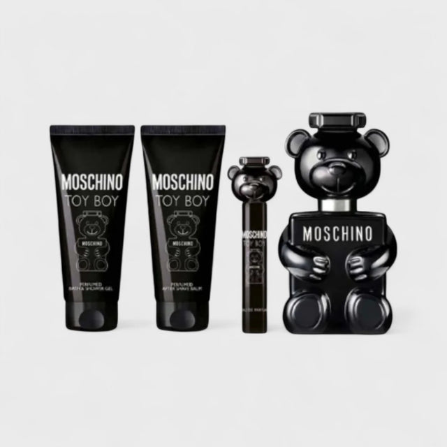 SET MOSCHINO TOY BOY EDP 100 ML + EDP 10 ML + GEL SHAMPOO DE BAÑO 100 ML + CREMA LOCION DESPUES DE AFEITAR 100 ML