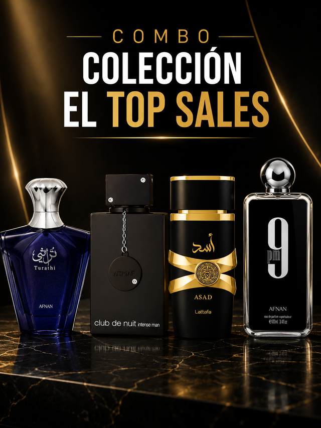 COMBO TOP VENTAS TURATHI BLUE EDP 090 ML + CLUB DE NUIT INTENSE EDT 105 ML + ASAD EDP 100 ML + 9PM EDP 100 ML