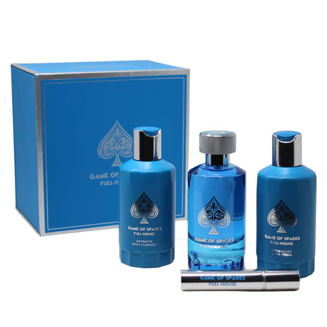 JO MILANO GAME OF SPADES FULL HOUSE PERFUME DE 100 ML MINIATURA RELLENABLE DE 8 ML GEL SHAMPOO DE BAÑO DE 200 ML CREMA CORPORAL DE 200 ML 4 PC
