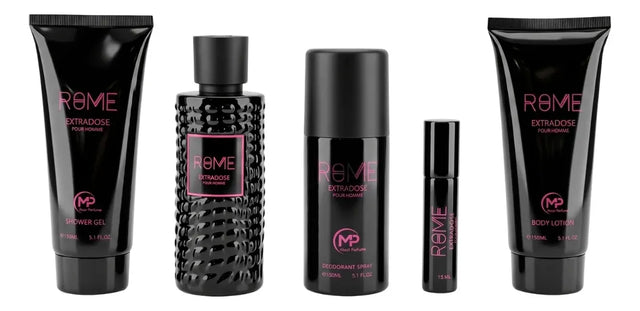SET HOMBRE BHARARA MAST PERFUME ROME EXTRADOSE EDP 100 ML + EDP 15 ML + BODY MIST 150 ML + SHAMPOO 150 ML + CREMA CORPORAL 150 ML 5 PC