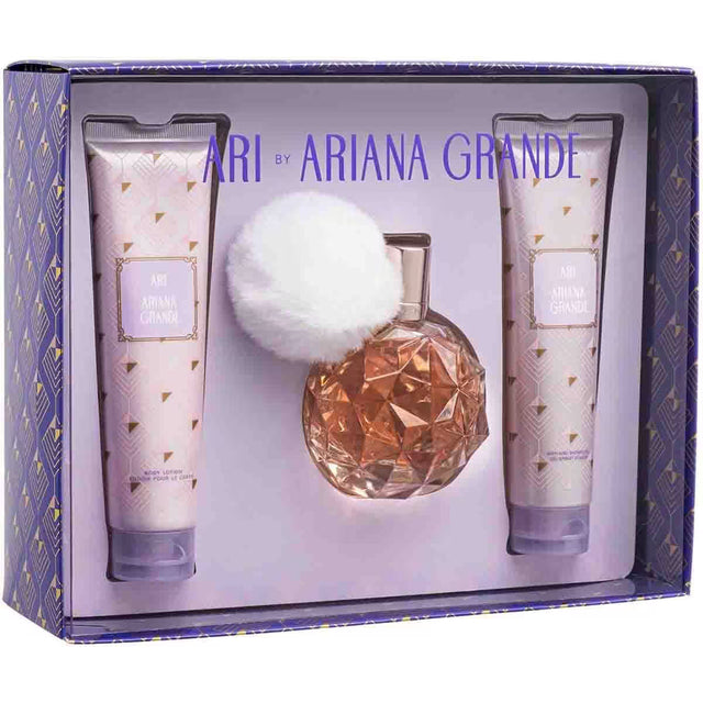 ARIANA GRANDE ARI AGUA DE PERFUME DE 100 ML GEL SHAMPOO DE BAÑO DE 100 ML CREMA CORPORAL DE 100 ML 3 PC