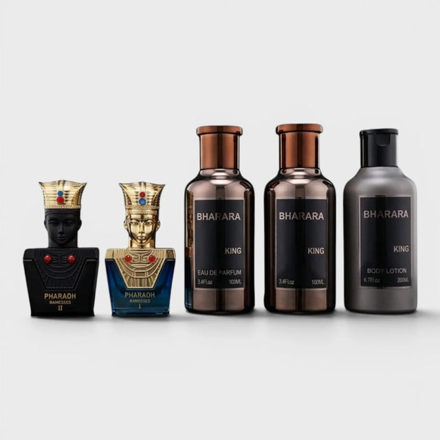 SET BHARARA KING EDP 100 ML + PERFUME DE 15 ML + PERFUME DE 15 ML + CREMA CORPORAL DE 200 ML + CREMA LOCION DESPUES DE AFEITAR DE 100 ML 5 PC