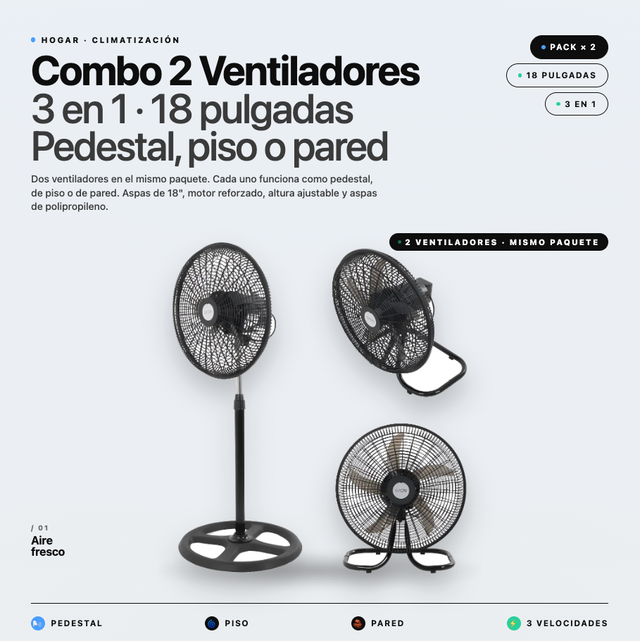Combo Contra el calor - 2 Ventiladores 3 en 1 de 18 pulgadas Pedestal, piso o pared
